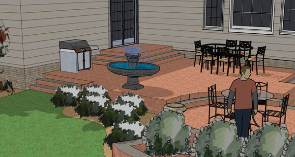 Terraced patio design shown in 3D.