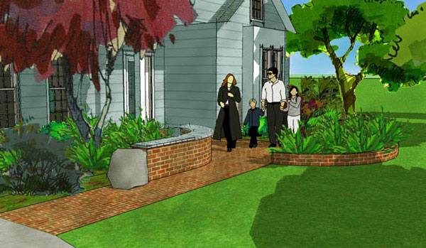 Brick walkway and planters - 3D landscape design.